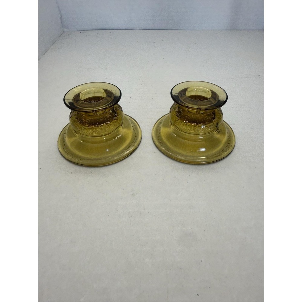 Federal Madrid Amber Candle Sticker Holder Pair Mid Century Depression Glass
